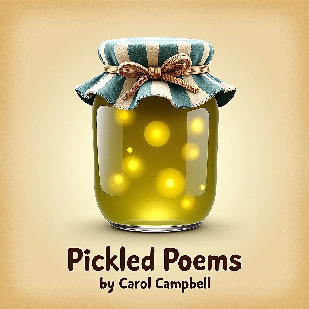 Pickled Poems by Carol Campbell — a sealed glass jar glowing with poems inside, teal-striped cloth lid tied with raffia