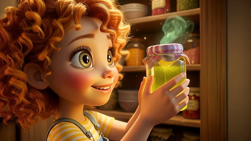 Lucy holding the glowing jar in the pantry — a scene from the film